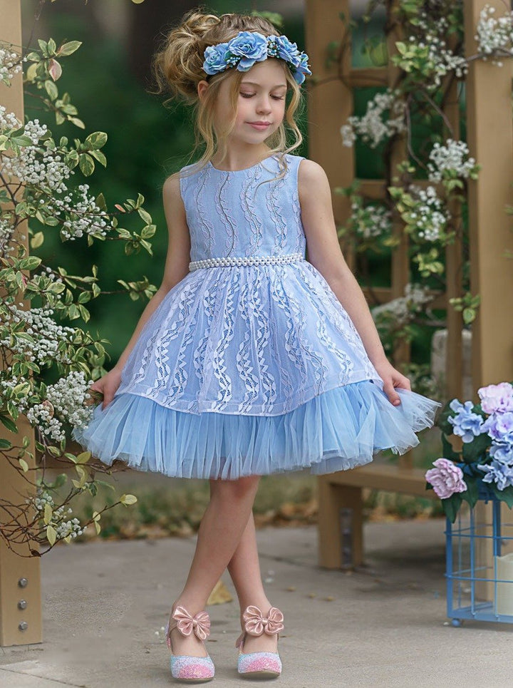 Toddler Dresses | Blue Embroidered Pearl Detail Special Occasion Dress