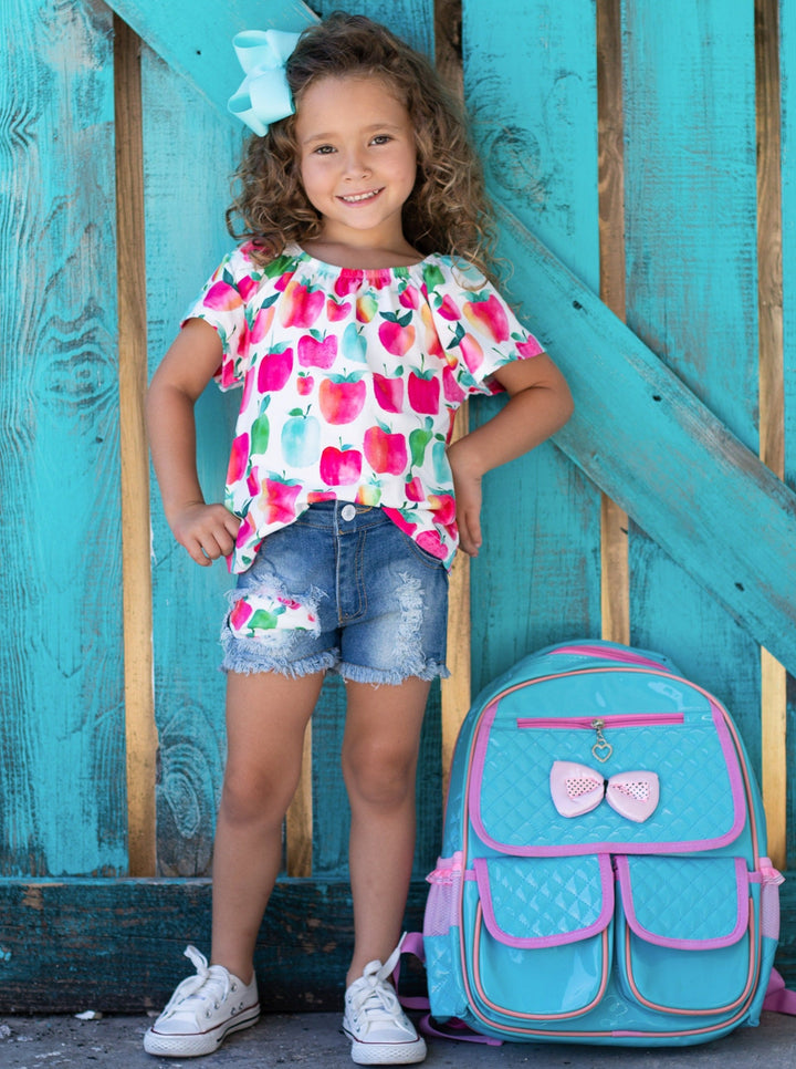 First Day of School Apple Top & Patched Denim Shorts | Mia Belle Girls