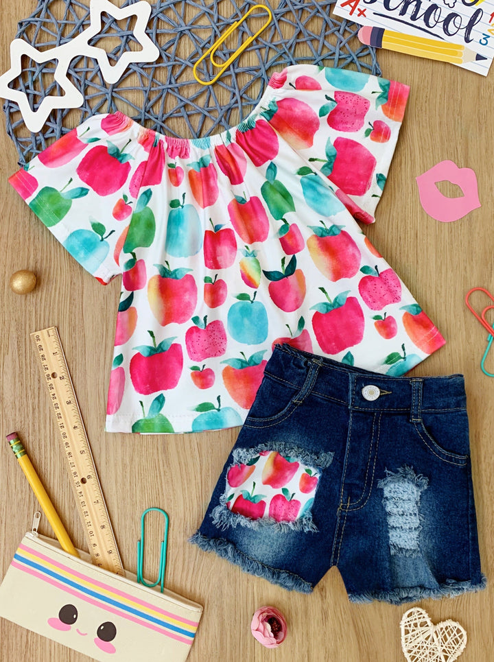 First Day of School Apple Top & Patched Denim Shorts | Mia Belle Girls