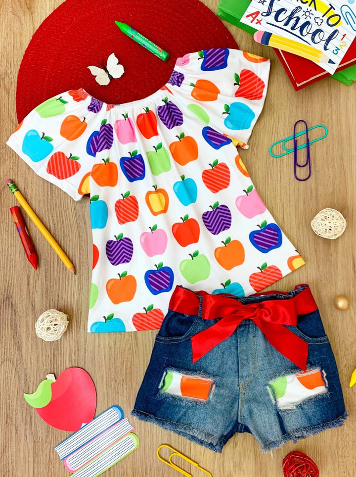 First Day of School | Apple Top & Patched Denim Shorts | Mia Belle Girls