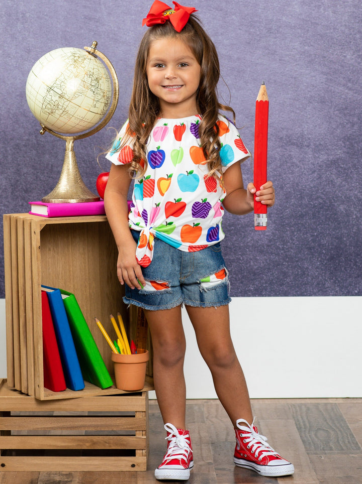 First Day of School | Apple Top & Patched Denim Shorts | Mia Belle Girls
