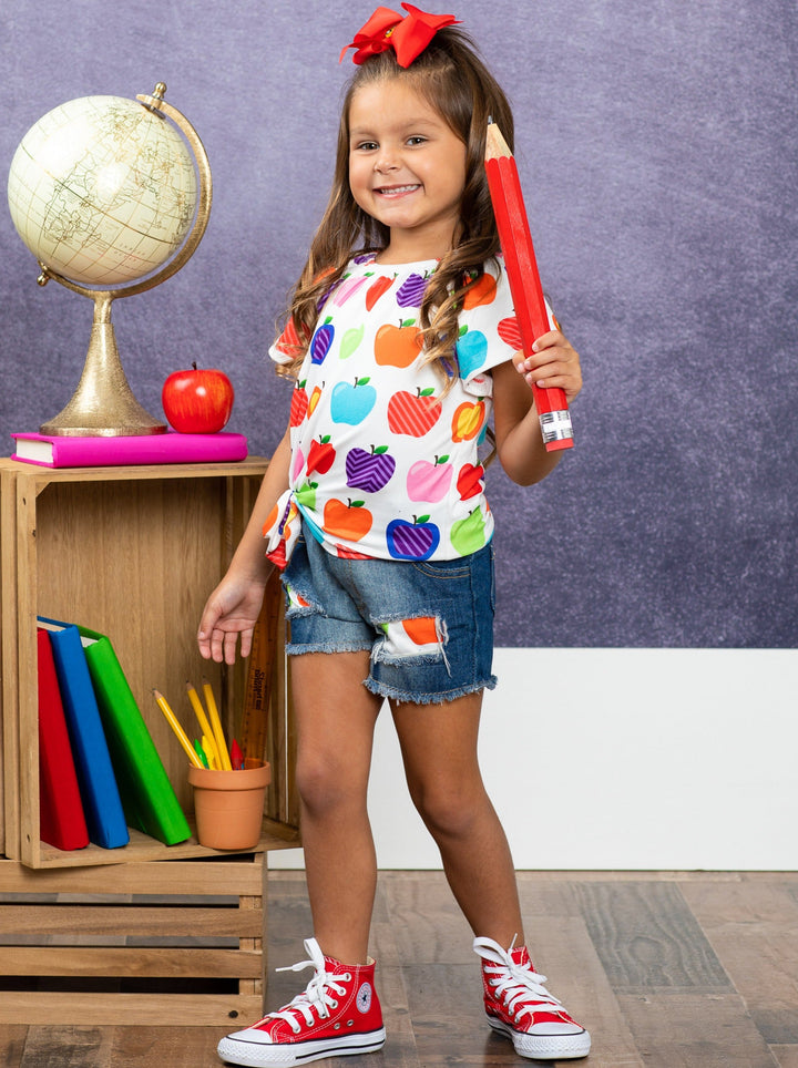 First Day of School | Apple Top & Patched Denim Shorts | Mia Belle Girls