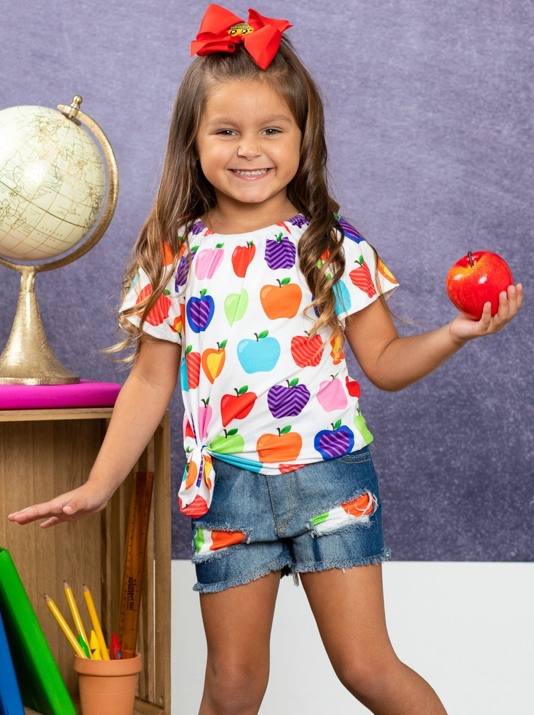 First Day of School | Apple Top & Patched Denim Shorts | Mia Belle Girls