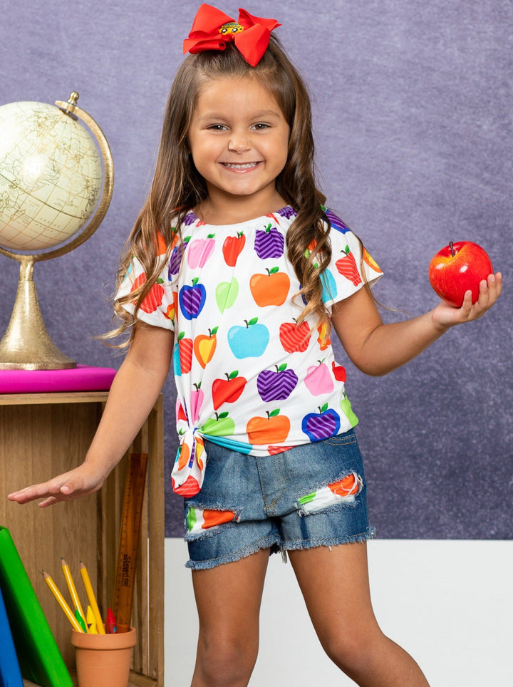 First Day of School | Apple Top & Patched Denim Shorts | Mia Belle Girls