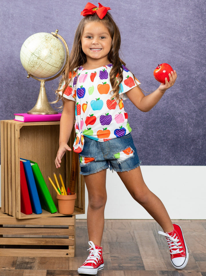 First Day of School | Apple Top & Patched Denim Shorts | Mia Belle Girls