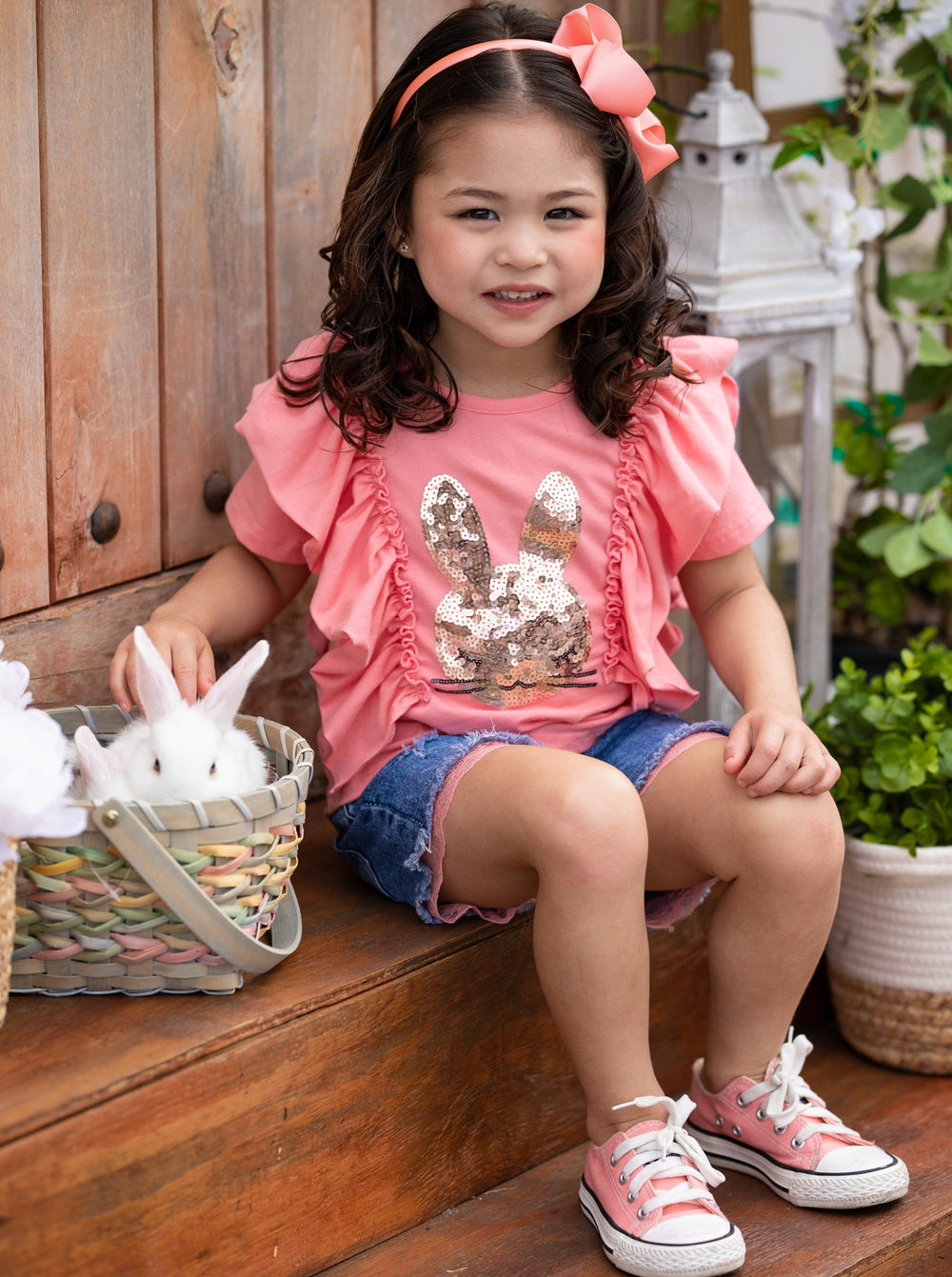 Mia Belle Girls Sequin Bunny Top And Denim Shorts Set | Easter Sets