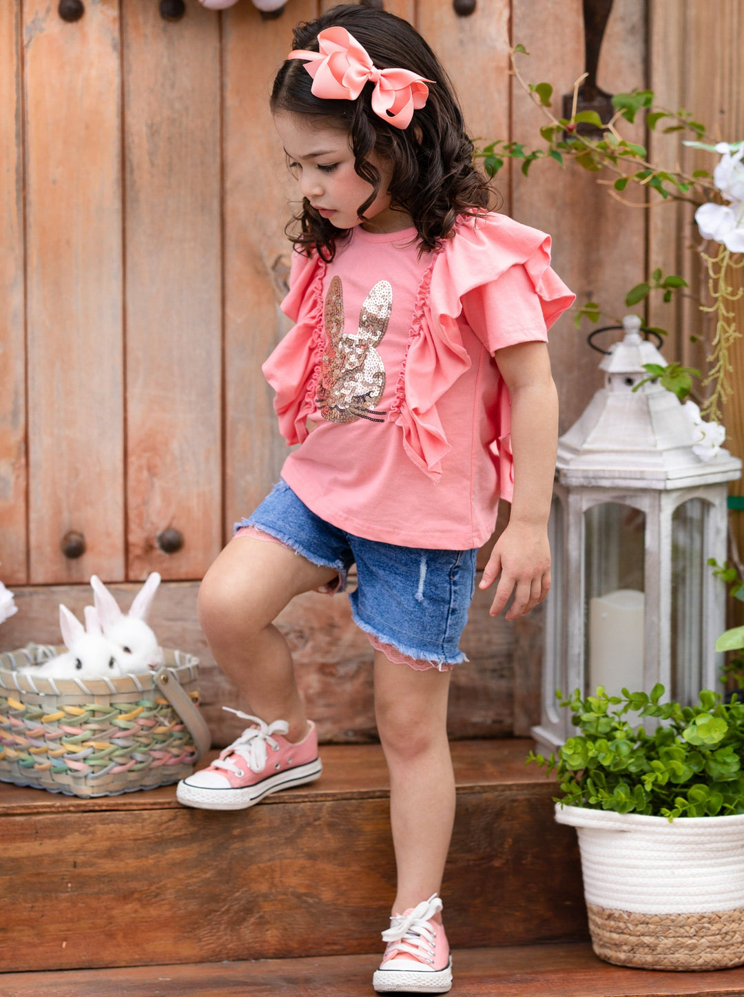 Mia Belle Girls Sequin Bunny Top And Denim Shorts Set | Easter Sets