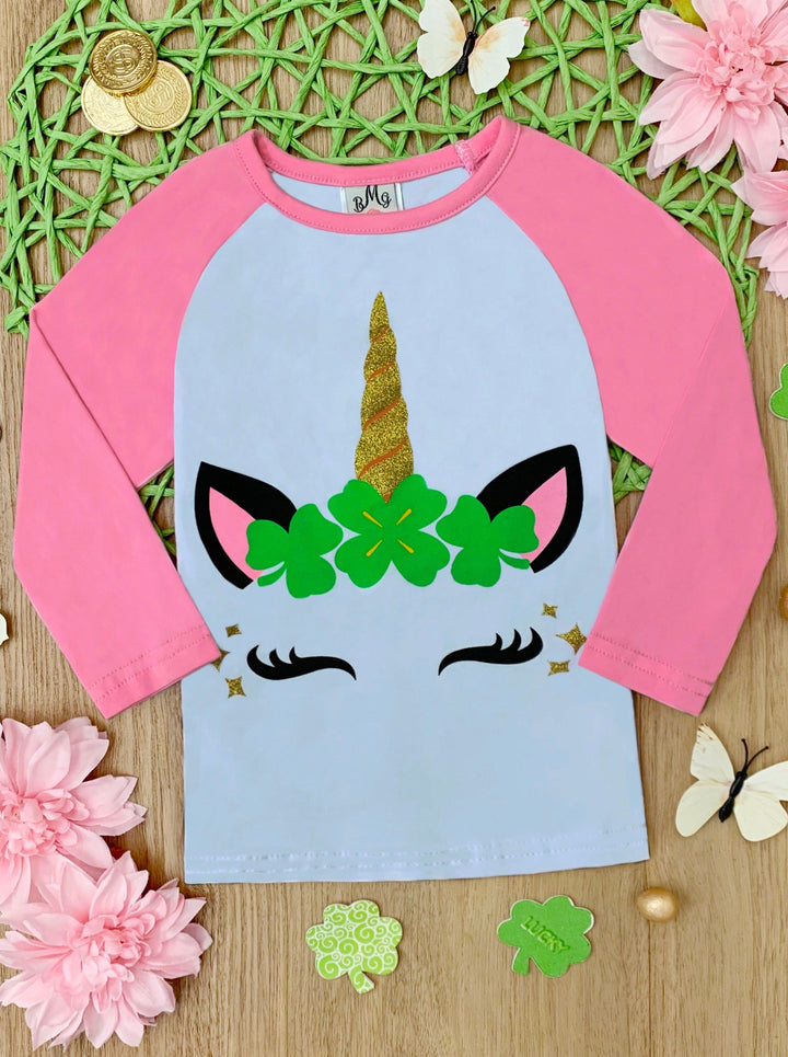 St. Patrick's Day Clothes | Little Girls Unicorn Raglan Sleeved Top