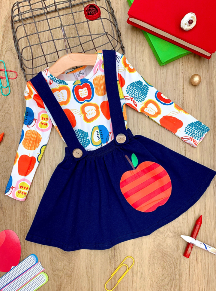 First Day of School | Apple Top & Overall Skirt Set | Mia Belle Girls