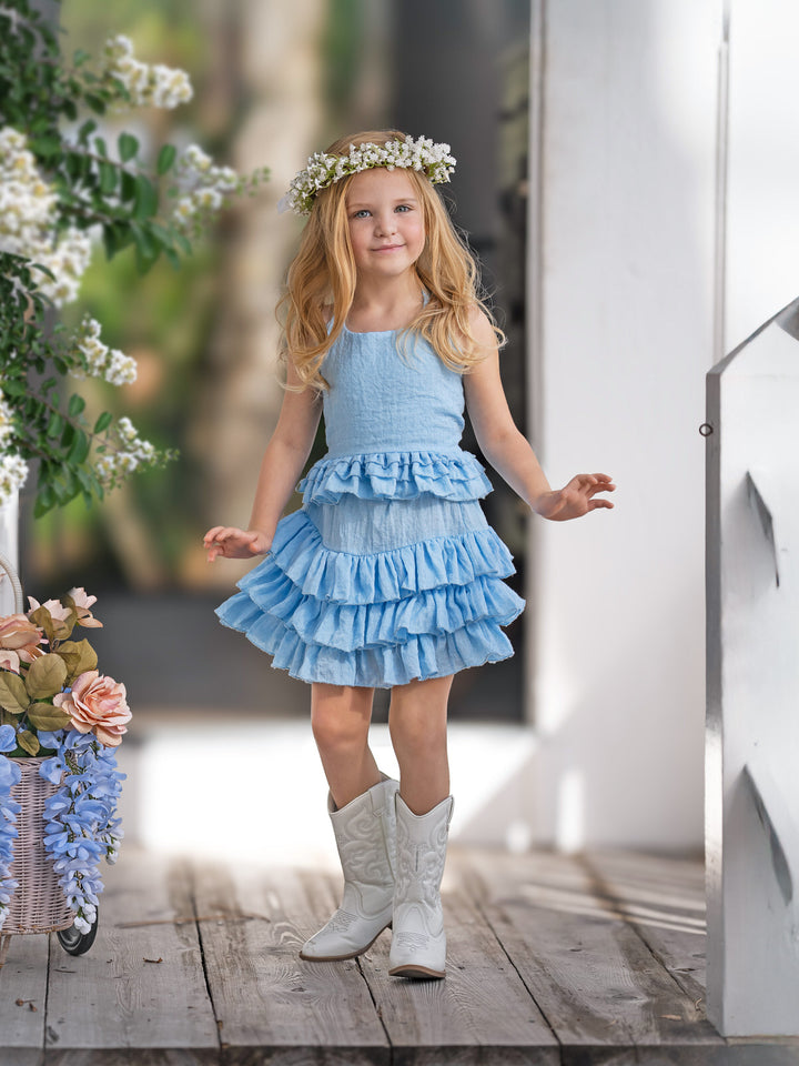Sky Blue Linen Halter Top and Skirt Set