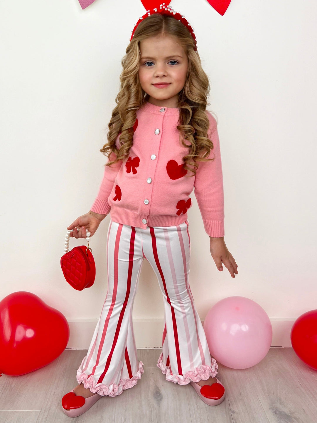 So Girly Embroidered Bow Cardigan and Striped Flare Pant Set