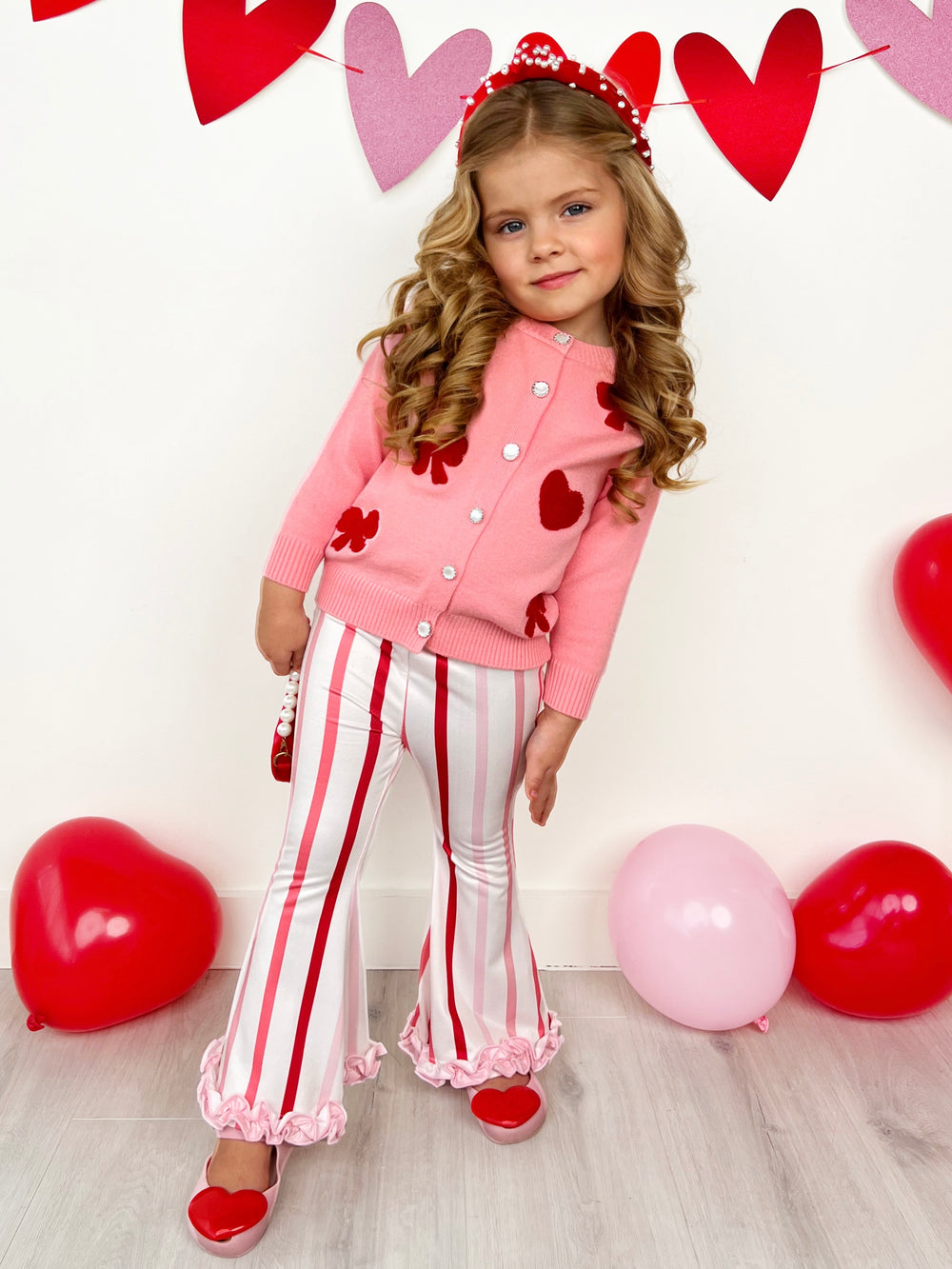 So Girly Embroidered Bow Cardigan and Striped Flare Pant Set