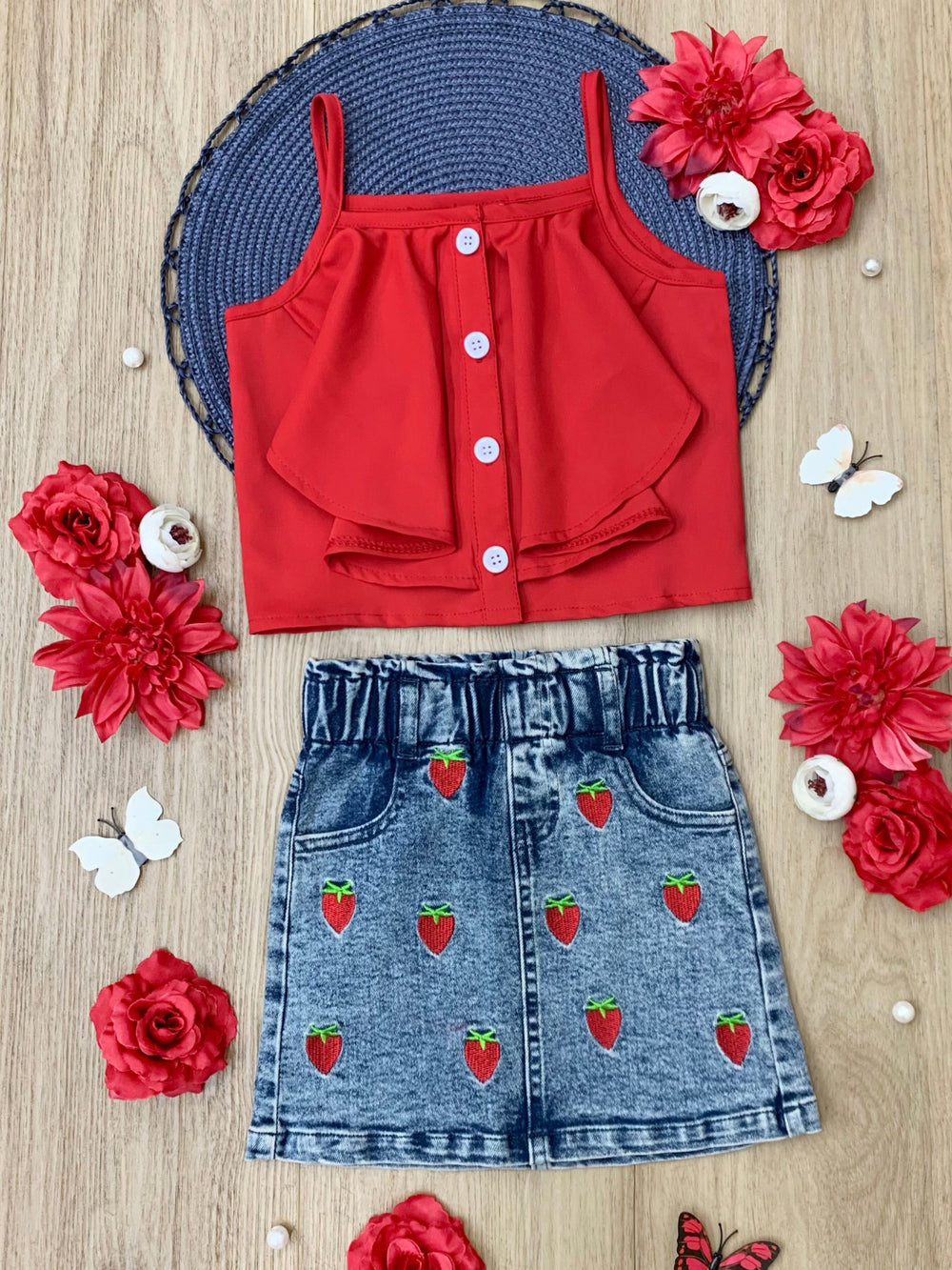 Sweet Strawberry Top and Denim Skirt Set
