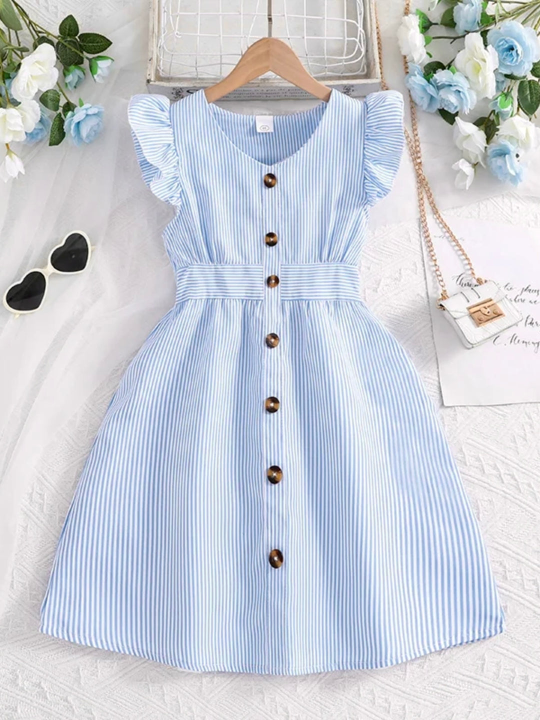 Striped Ruffle Sleeve Button Front Dress