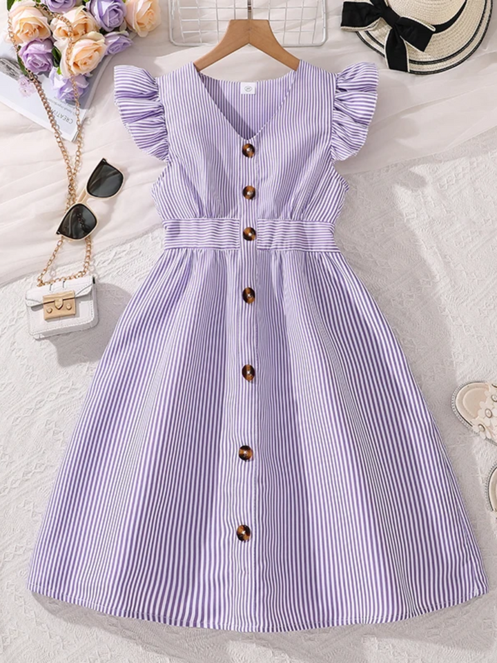 Striped Ruffle Sleeve Button Front Dress