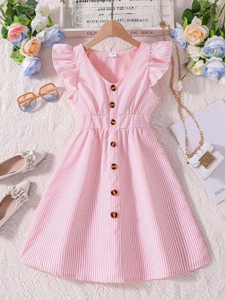 Striped Ruffle Sleeve Button Front Dress