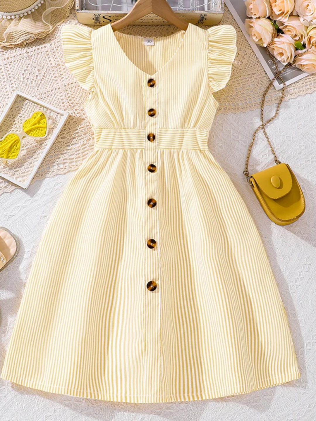 Striped Ruffle Sleeve Button Front Dress