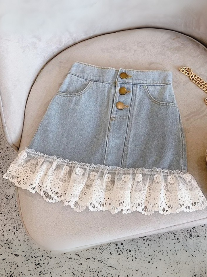 Off To Shop Lace Trim Denim Skirt
