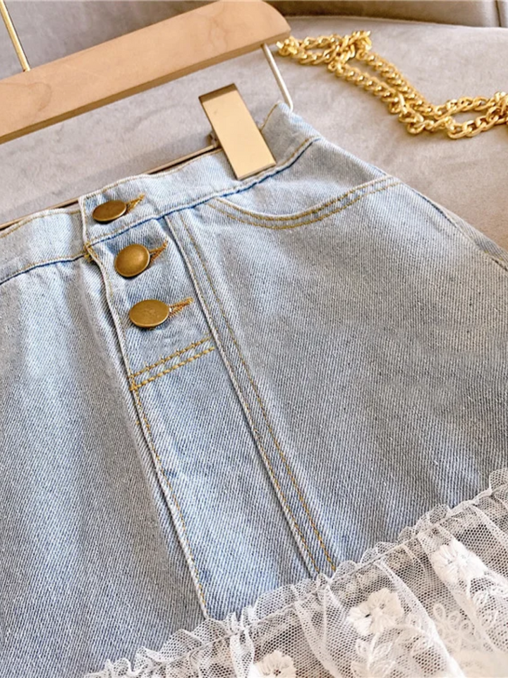 Off To Shop Lace Trim Denim Skirt