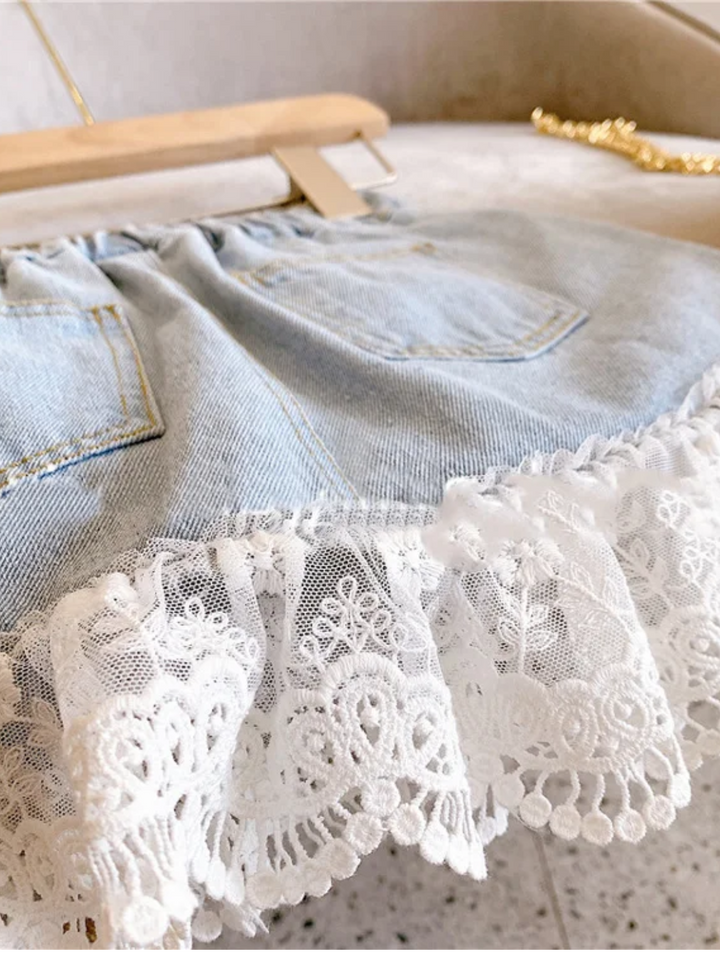 Off To Shop Lace Trim Denim Skirt