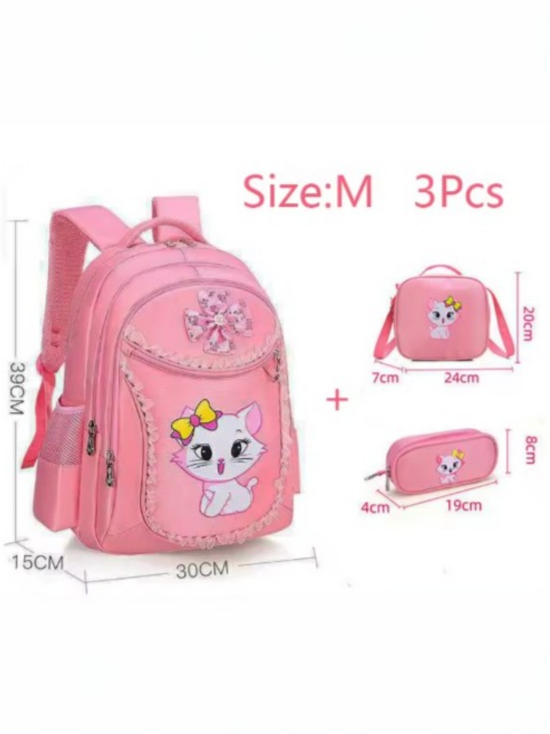 3-Piece Cute Kitty Pink Backpack Set
