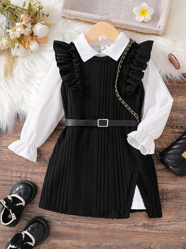 Black Ribbed Knit Ruffle Sleeve Dress with White Collar Shirt