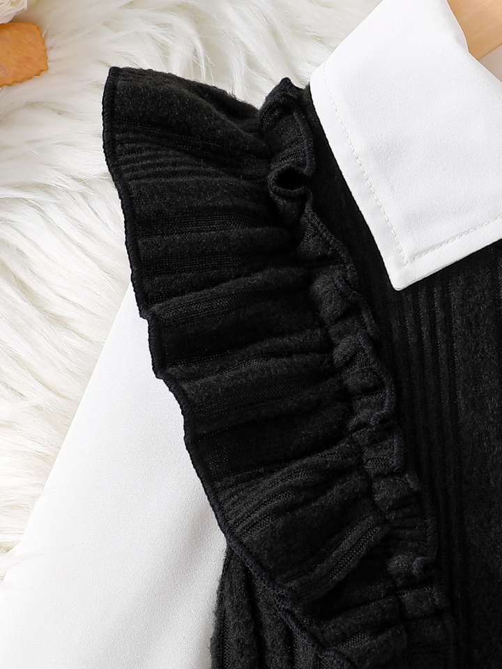 Black Ribbed Knit Ruffle Sleeve Dress with White Collar Shirt