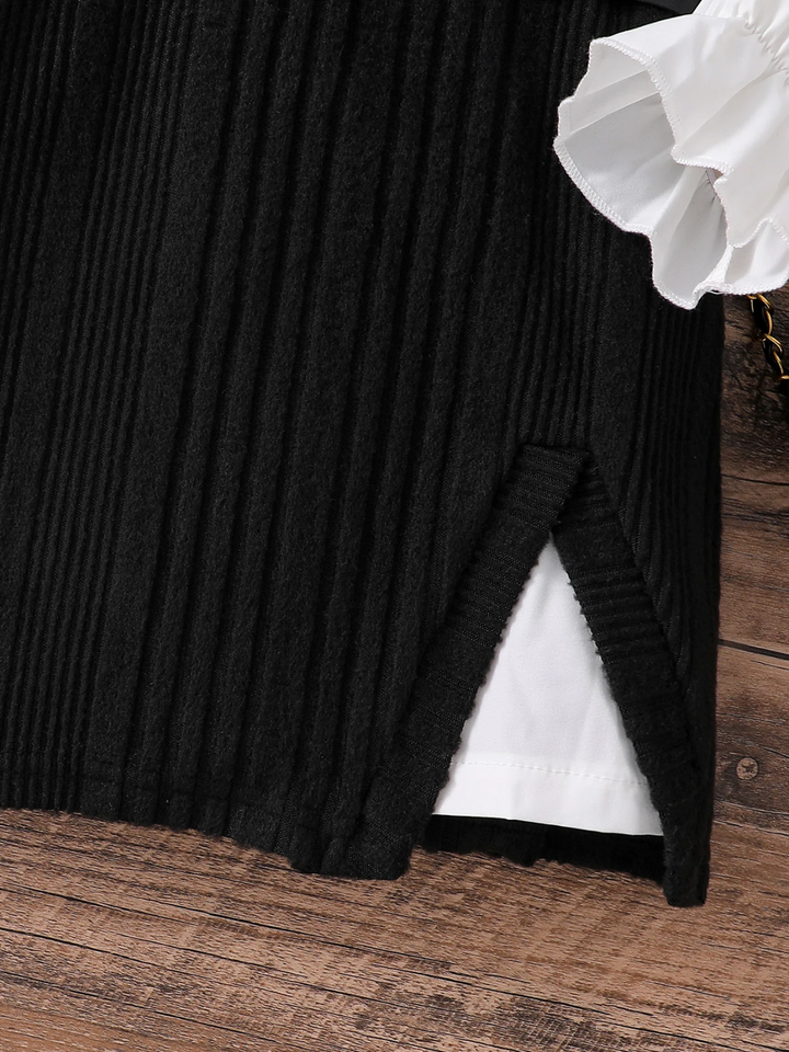 Black Ribbed Knit Ruffle Sleeve Dress with White Collar Shirt