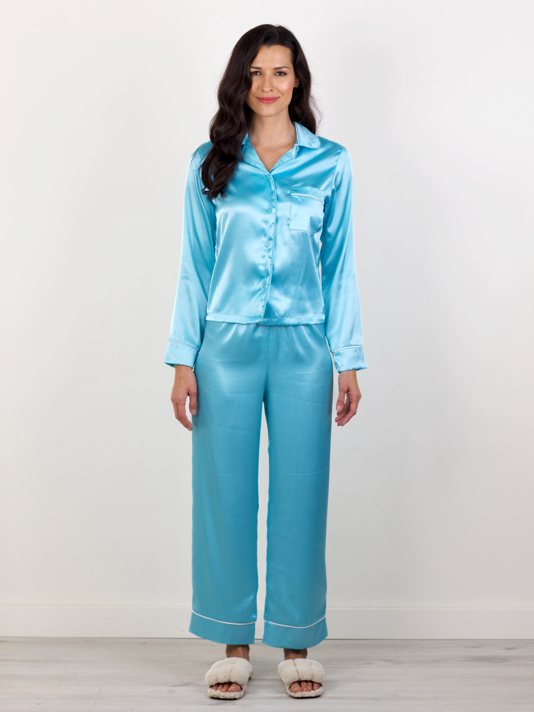 Womens Turquoise Silk Pant Pajama Set