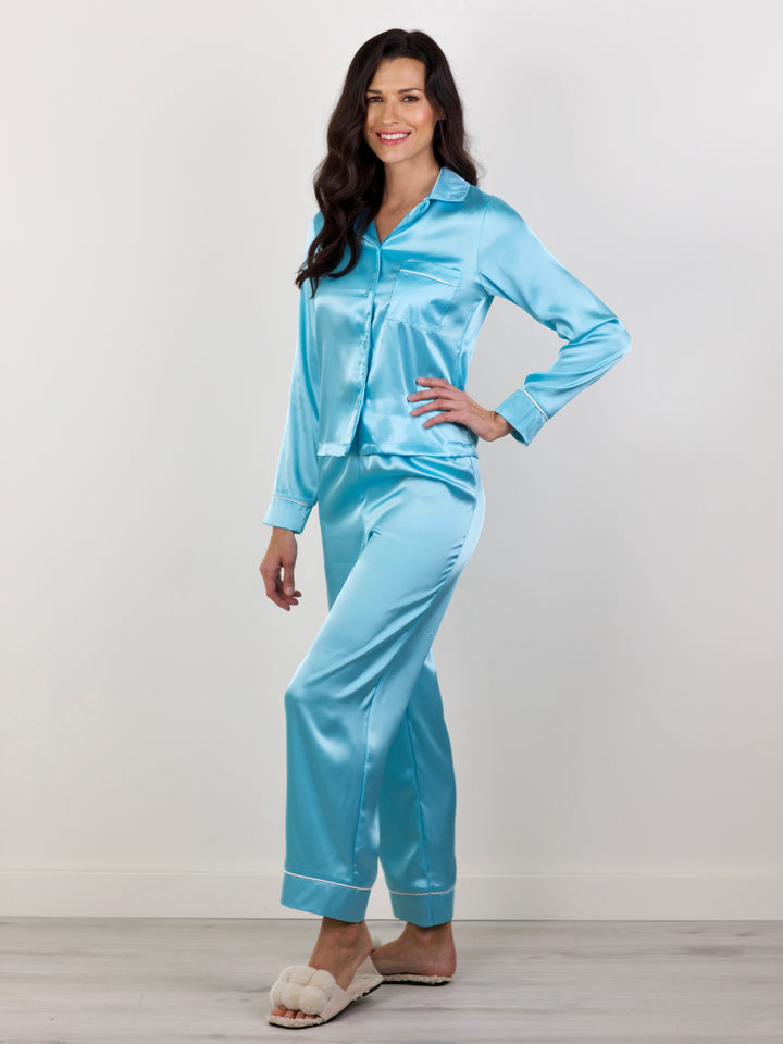 Womens Turquoise Silk Pant Pajama Set