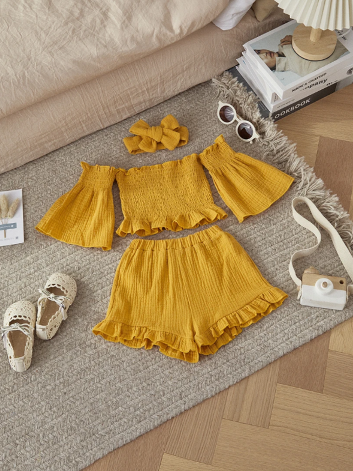 Cold Shoulder Smocked Top And Ruffle Shorts Set | Mia Belle Girls