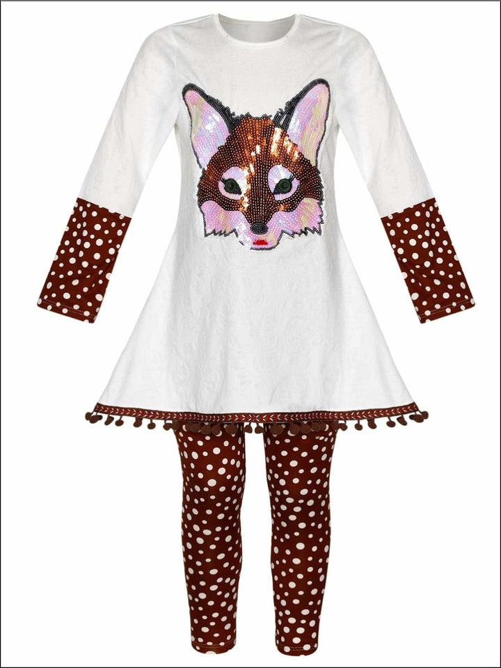 Girls Cuffed Long Sleeve Applique Swing Tunic & Leggings Set - Brown / 2T/3T - Girls Fall Casual Set