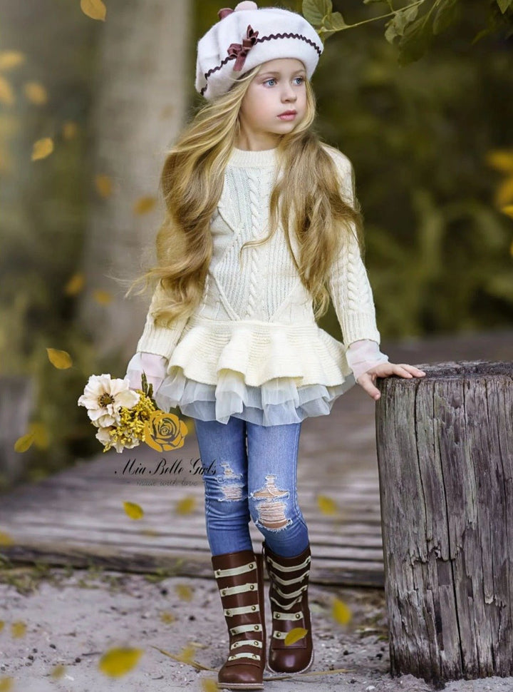 Cute Girls Sweaters | Cable Knit Peplum Tutu Sweater - Mia Belle Girls