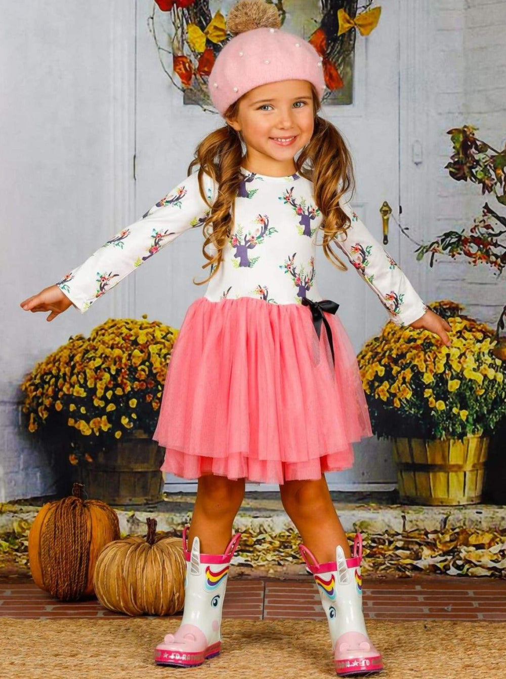 Girls Floral Reindeer Print Long Sleeve Tutu Dress with Bow - Girls Fall Casual Dress