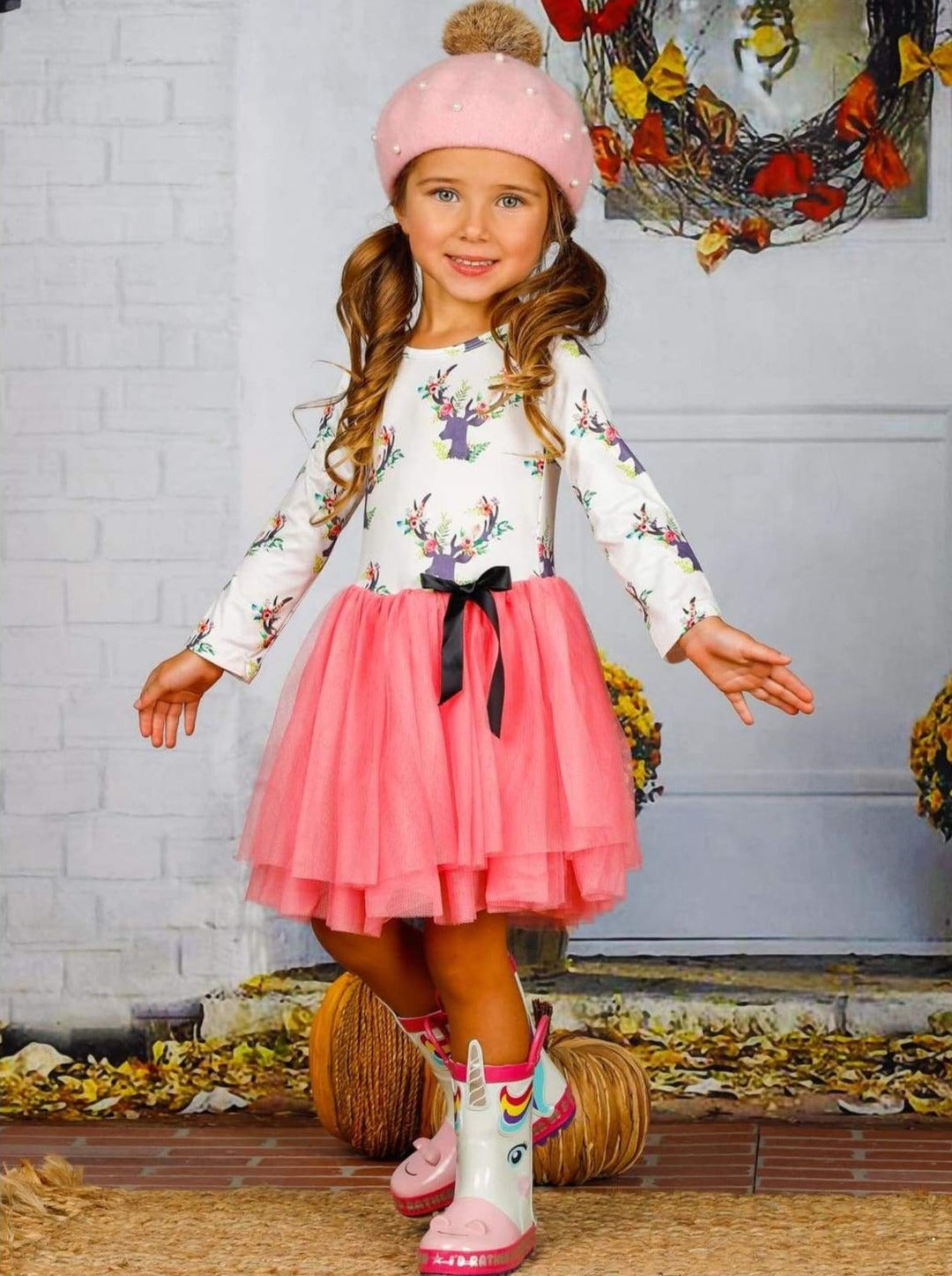 Girls Floral Reindeer Print Long Sleeve Tutu Dress with Bow - Girls Fall Casual Dress