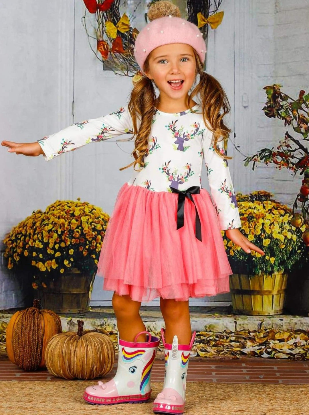 Girls Floral Reindeer Print Long Sleeve Tutu Dress with Bow - Girls Fall Casual Dress