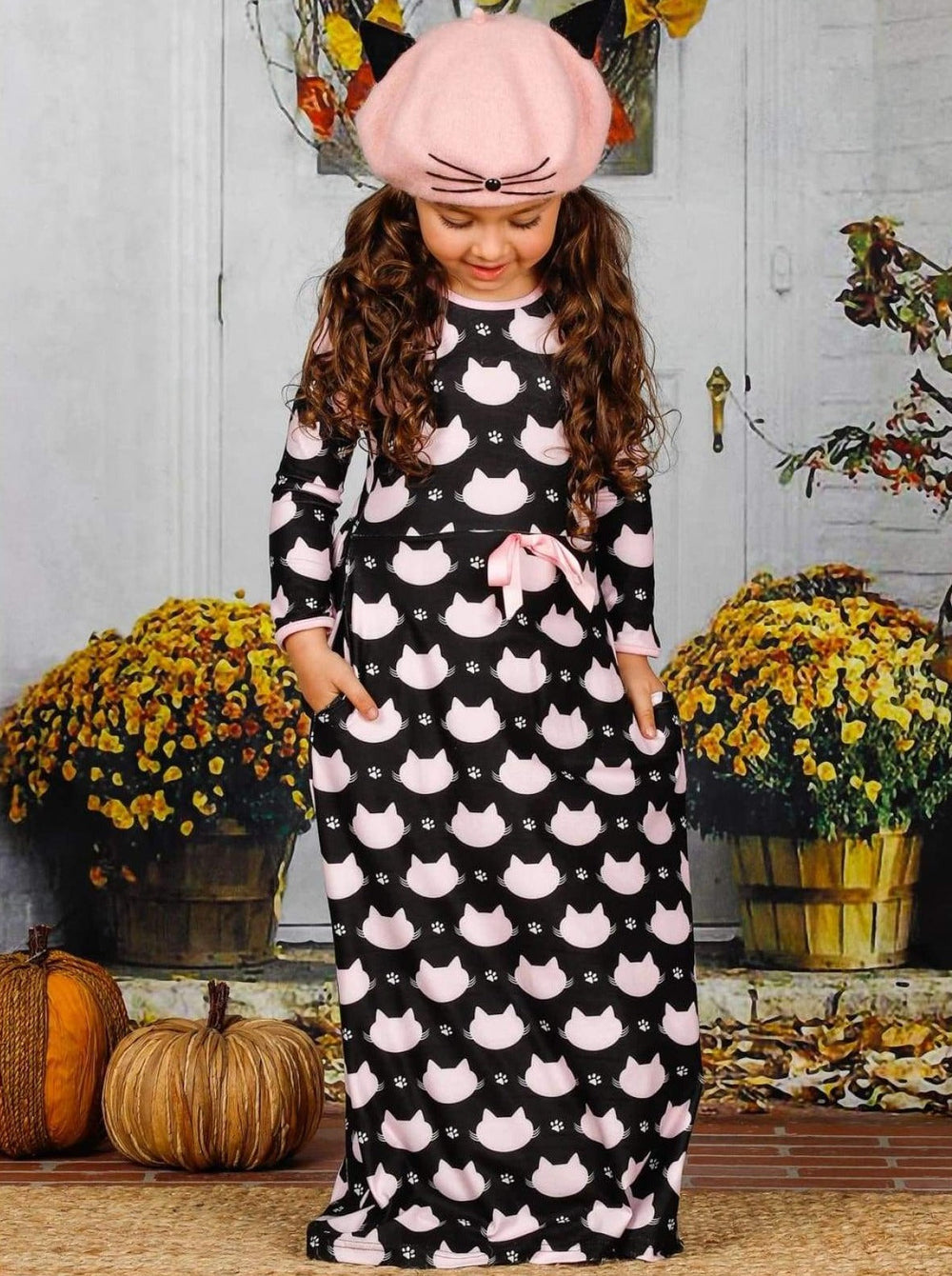 Girls Casual Fall Dresses | Cat Print Maxi Dress - Mia Belle Girls