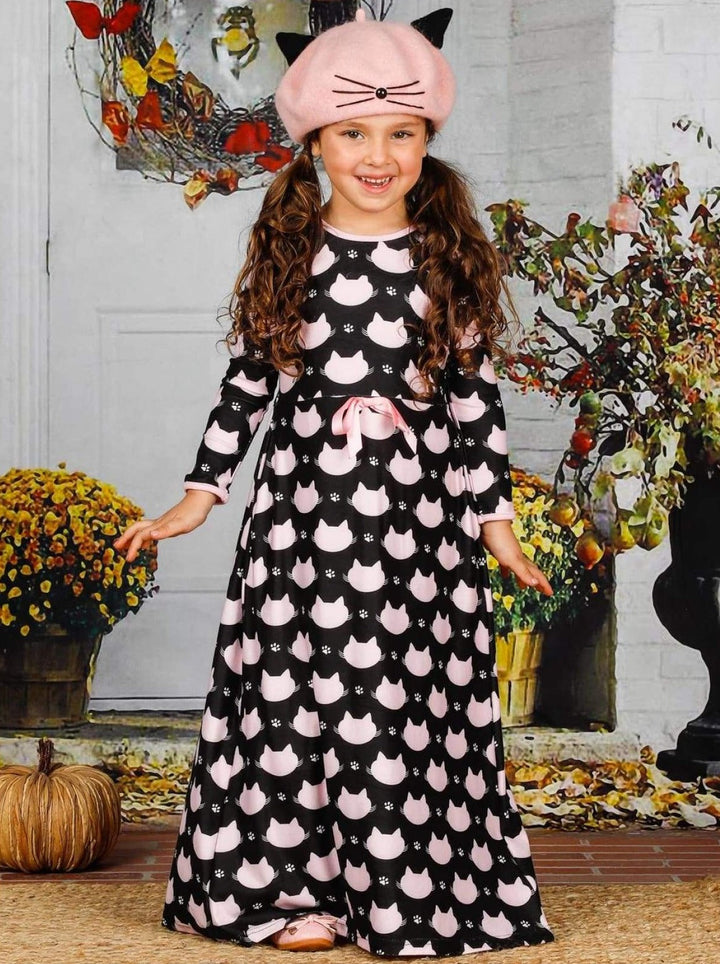 Girls Casual Fall Dresses | Cat Print Maxi Dress - Mia Belle Girls