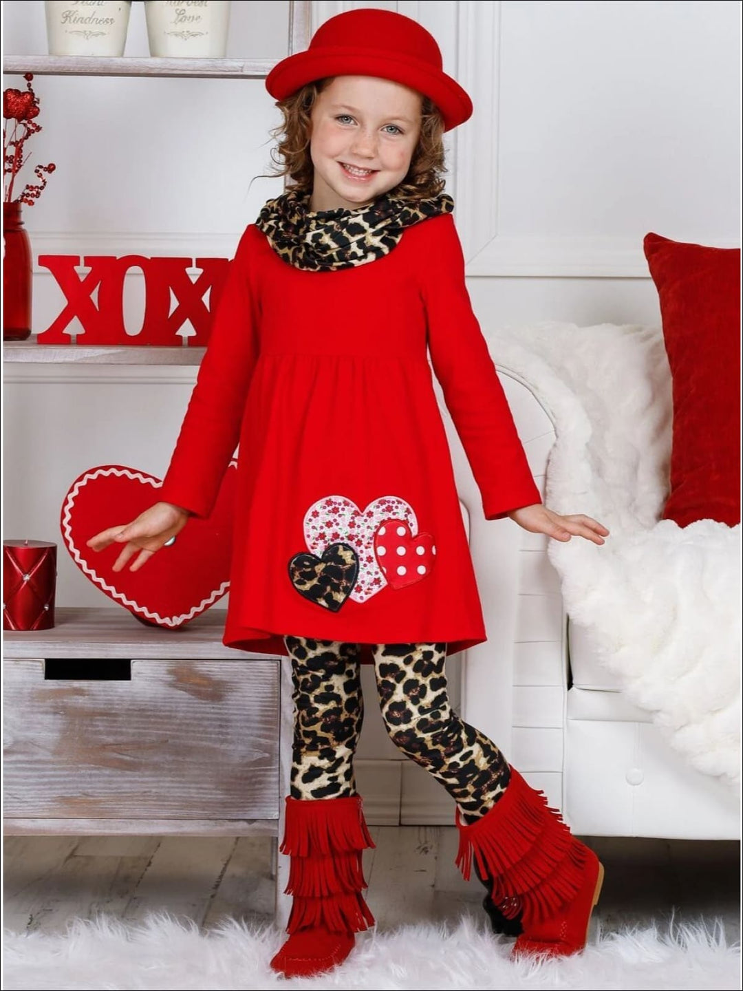 Toddler Valentine's Outfits | Heart Tunic Leopard Scarf & Legging Set