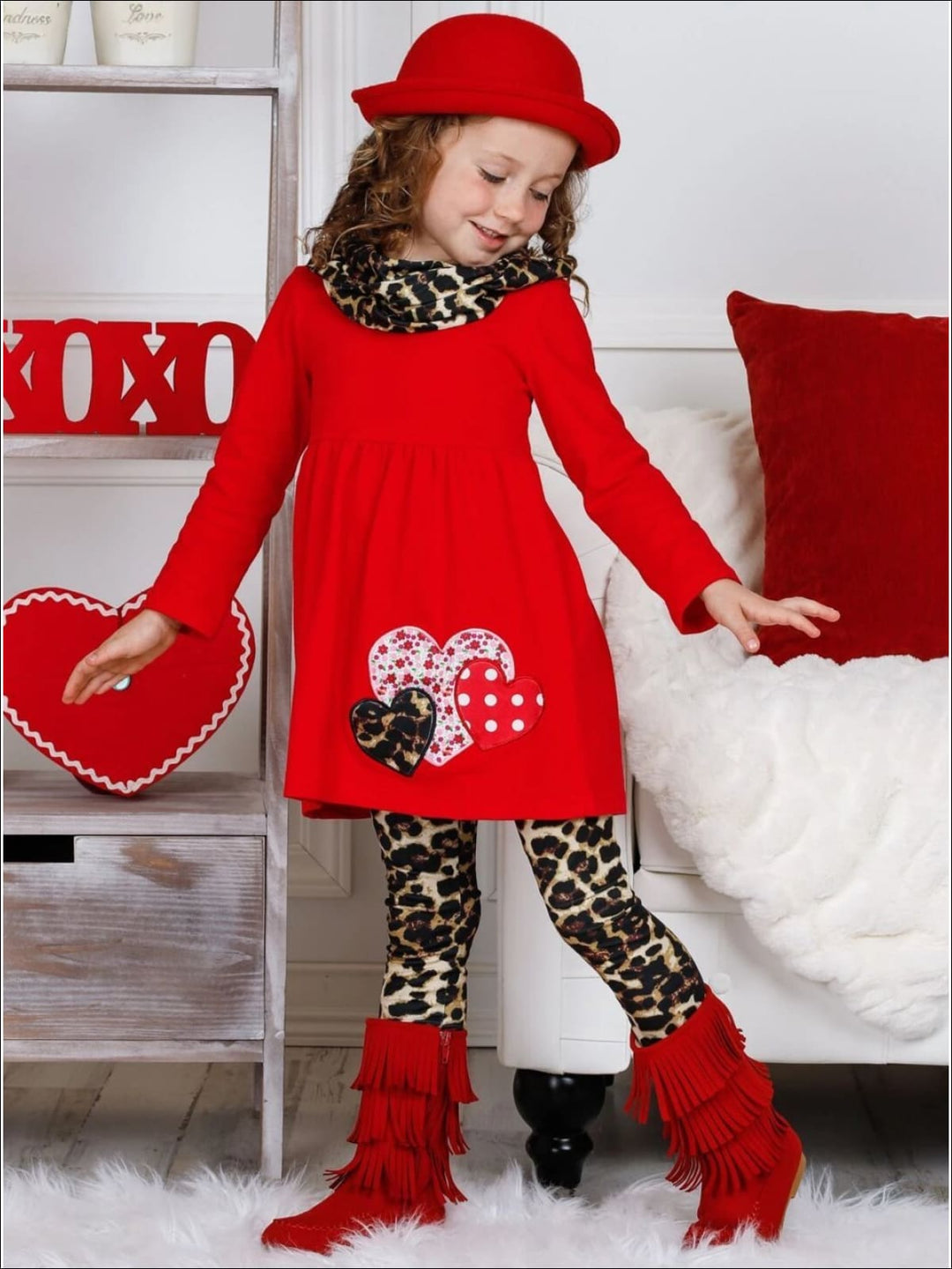 Toddler Valentine's Outfits | Heart Tunic Leopard Scarf & Legging Set