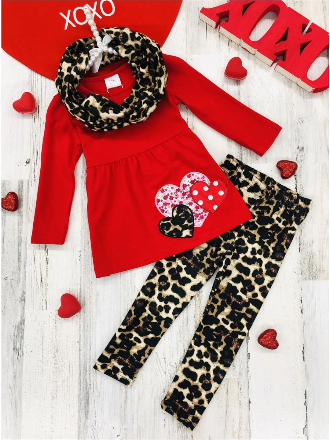 Toddler Valentine's Outfits | Heart Tunic Leopard Scarf & Legging Set