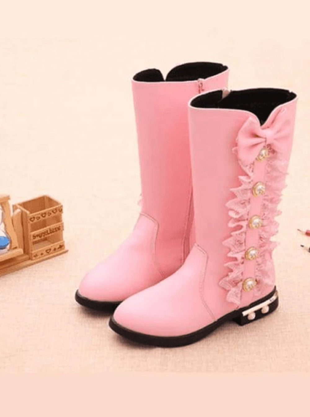 Girls Lacey Bow Tie Princess Mid-Calf Boots ( 3 Color Options) - Pink / 10 - Girls Boots