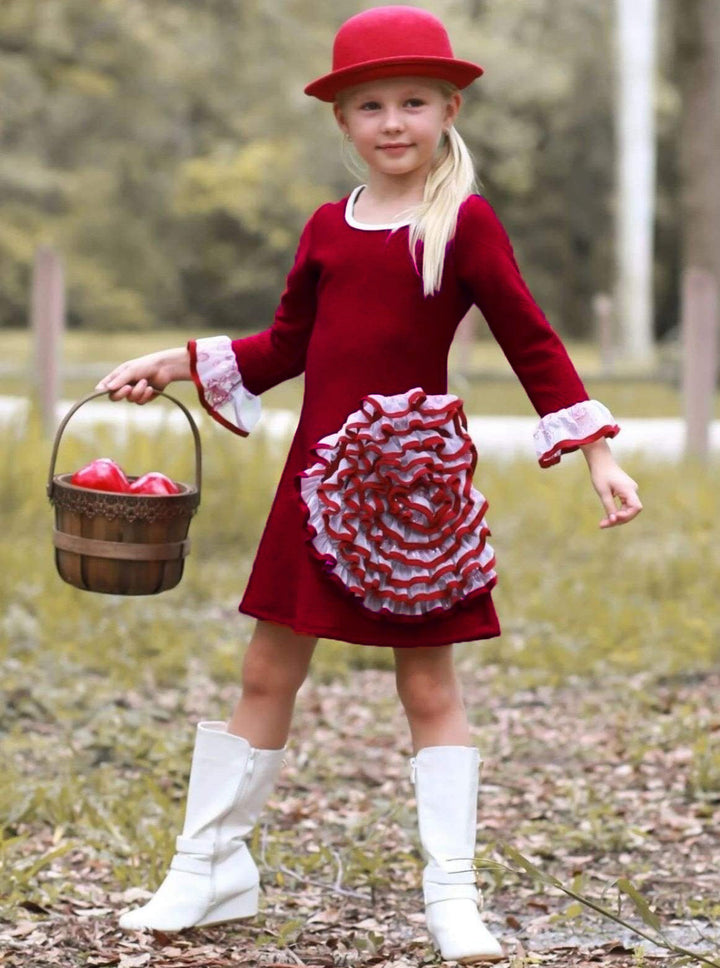 Girls Long Sleeve Ruffled Mesh Swirl Flower Dress Burgundy