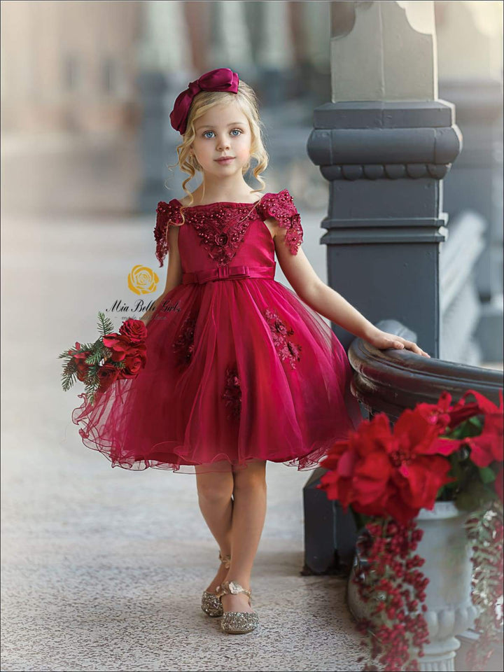 Girls Christmas Dresses | Off Shoulder Lace Applique Holiday Dress