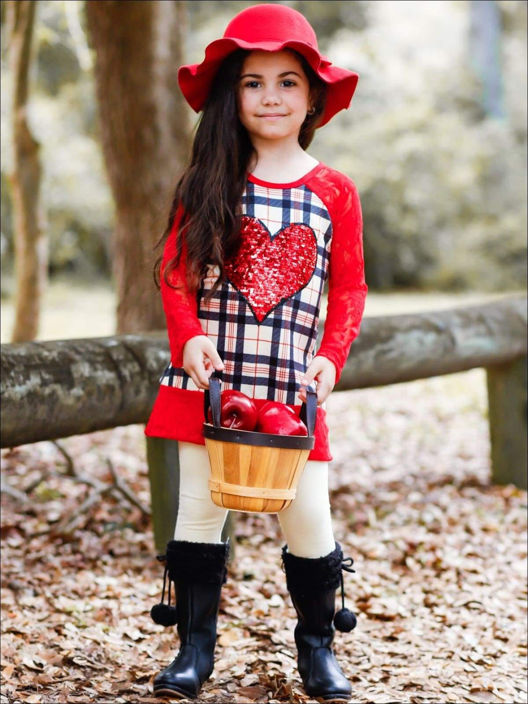 Girls Plaid Lace Trimmed Raglan Sleeve Tunic & Leggings Set - Girls Fall Casual Set