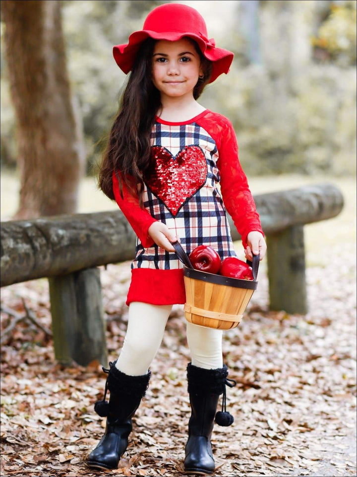 Girls Plaid Lace Trimmed Raglan Sleeve Tunic & Leggings Set - Girls Fall Casual Set