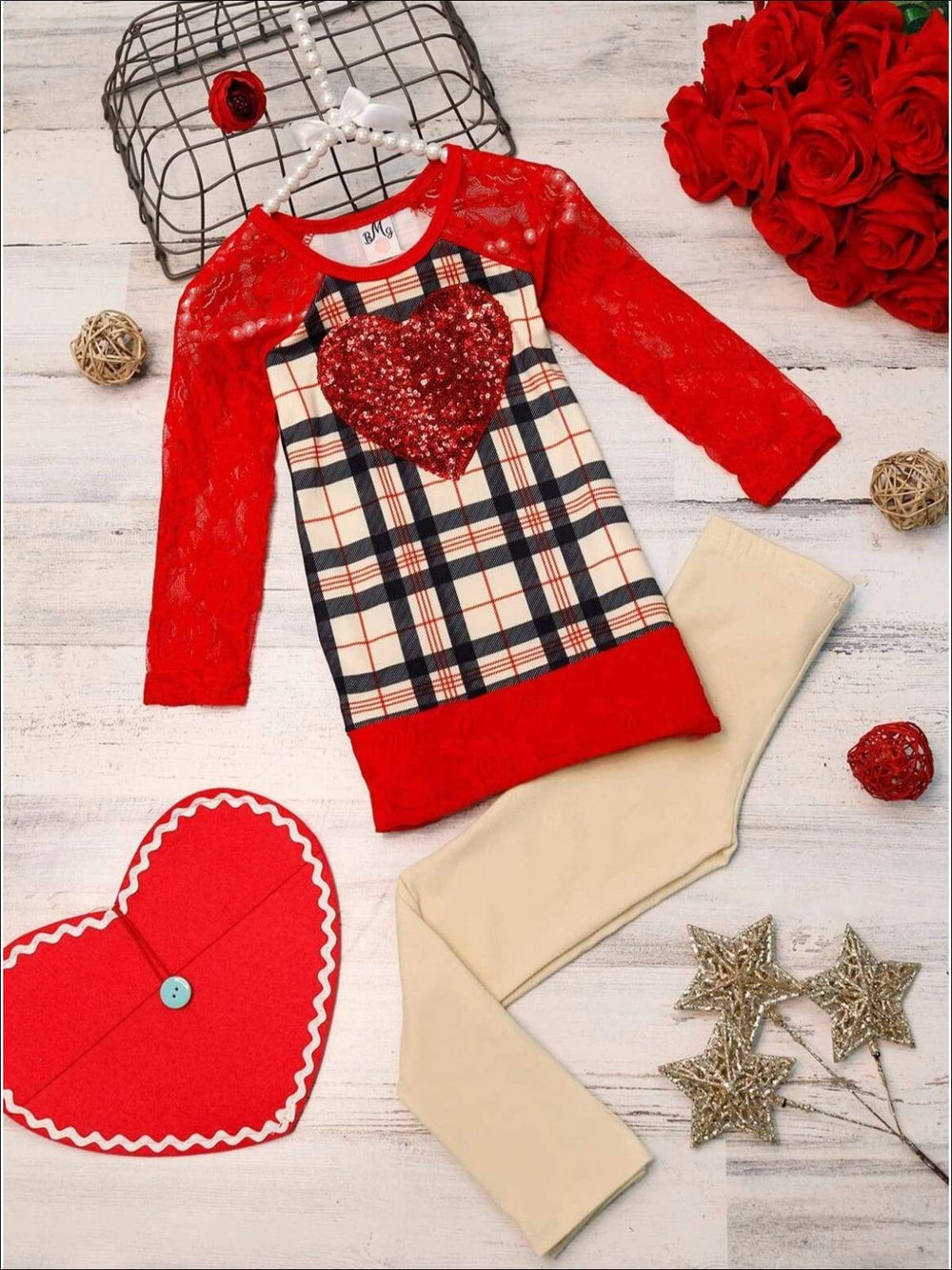 Girls Plaid Lace Trimmed Raglan Sleeve Tunic & Leggings Set - Beige / 2T/3T - Girls Fall Casual Set