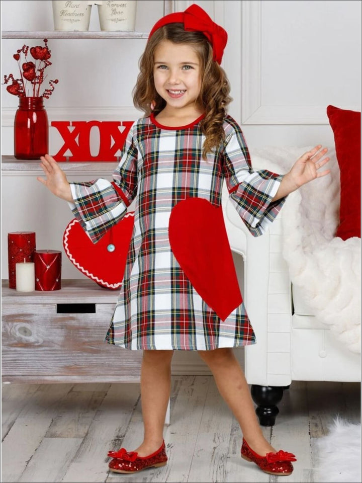 Girls Valentine's Day Dress | Plaid Bell Sleeve Heart Applique Dress