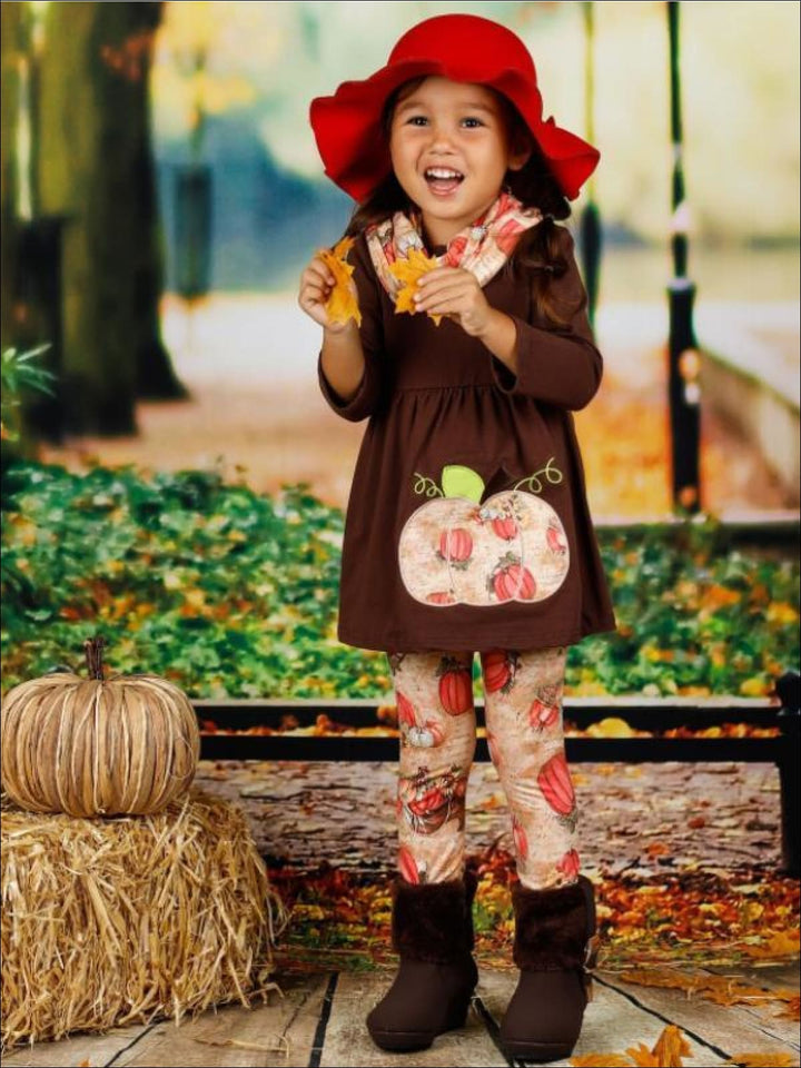 Girls Pumpkin Print Long Sleeve Tunic Leggings & Scarf Set - Girls Fall Casual Set