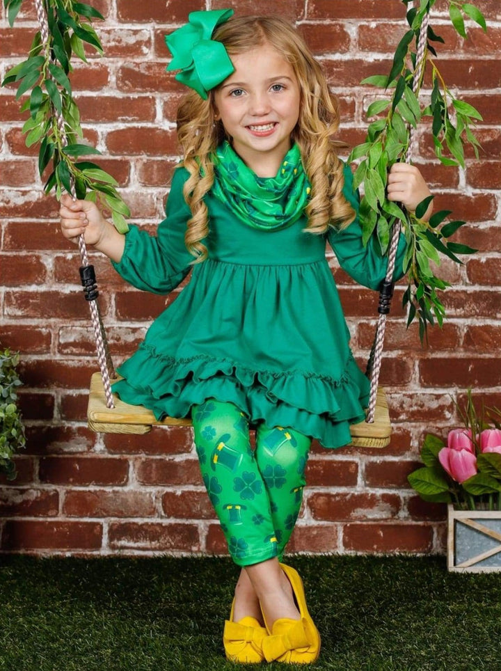Mia Belle Girls St. Patrick's Day Ruffled Tunic, Scarf And Legging Set